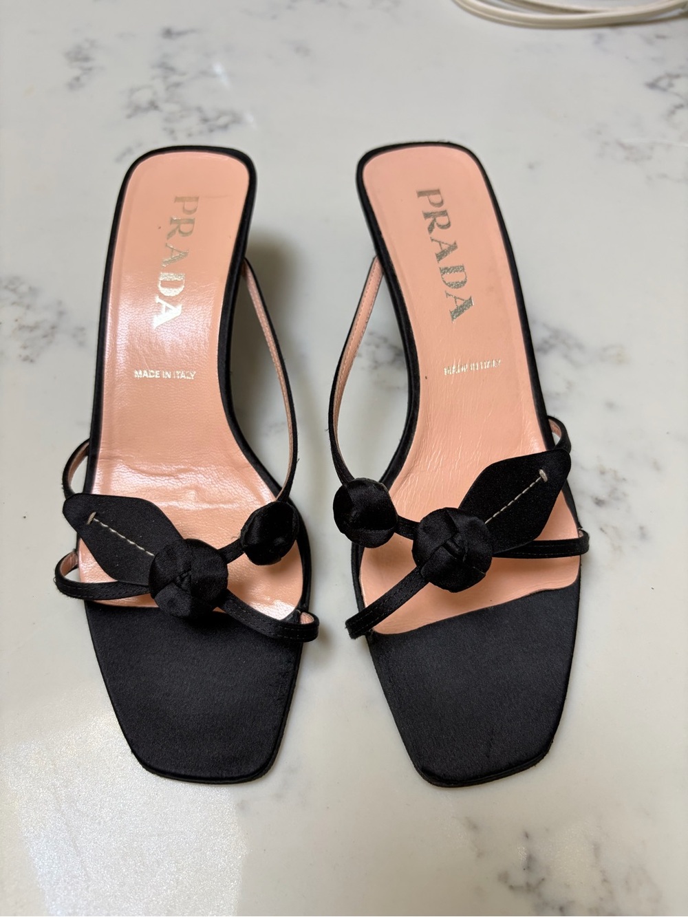 Prada Black Satin Knotted Slide Mules with Pink Insole